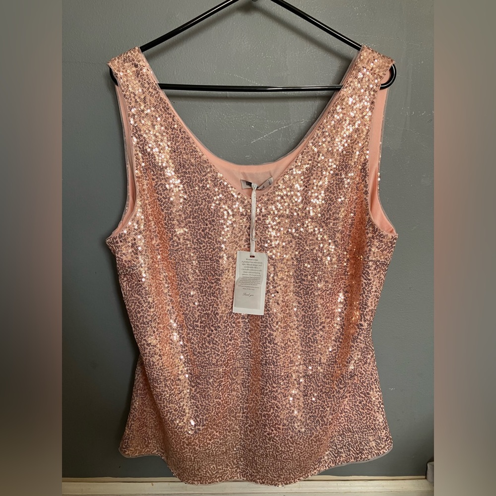 NWT Grace Karin Sequin 2XL Women's Tank Top Champagne Rose Gold Sparkle Zippers